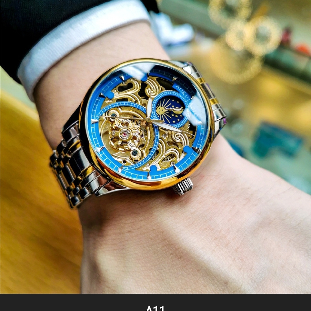 Luxury Blue and Gold Skeleton Watch